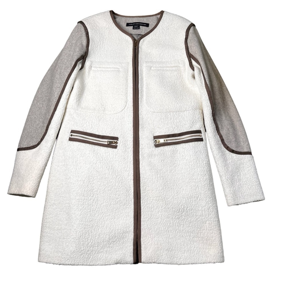 FRENCH CONNECTION Cream Brown Sherpa Wool Blend Zipper Jacket Coat Size 6